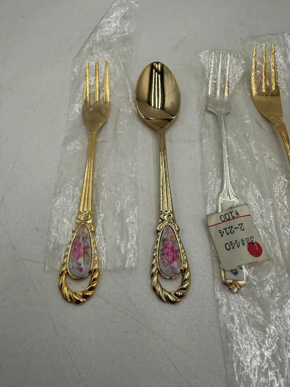 Vintage Gold Silver Mini Forks Spoons Floral Porcelain Handles Set 6